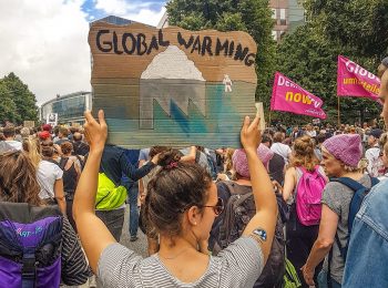 In einem Demonstrationszug. Menschen mit Forderungsschildern und Fahnen