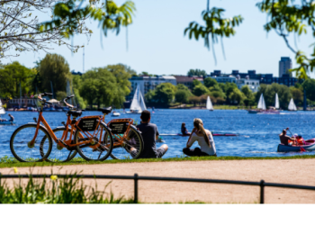 Ein Blick über die Alster. Segelboote. Menschen sitzen im Vordergrund auf der Wiese.